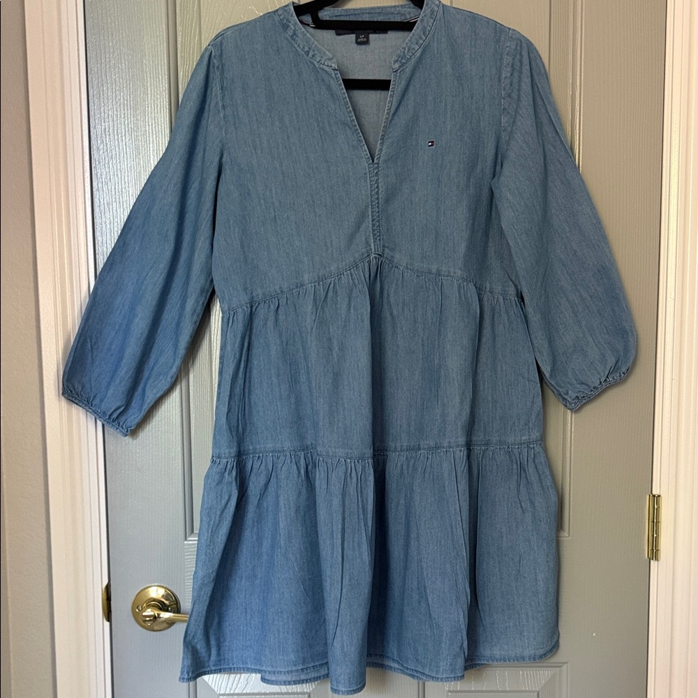 Tommy Hilfiger Light Blue Denim-Look Tiered Tunic Dress